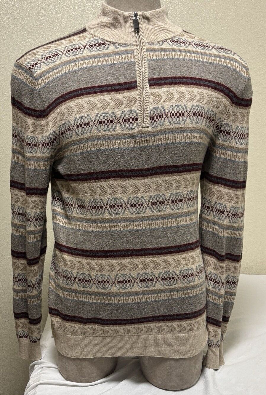 Tasso Elba Men's 1/4 Zip Sweater Cashmere Silk Fair Aisle Nordic Size M Grandpa
